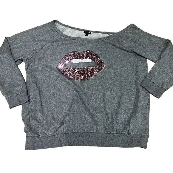 Torrid Women's Plus Size 3 Gray Off Shoulder Sweatshirt Pink Sequin Lips Casual - Picture 3 of 9